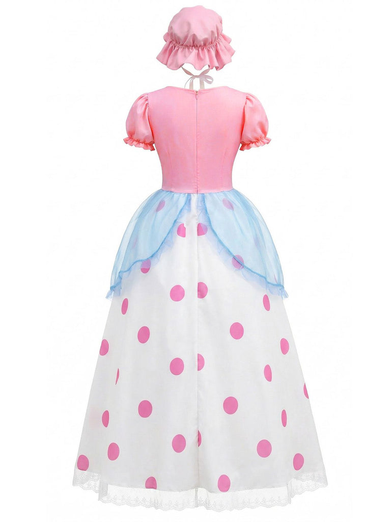 Pink 1940s Bo Peep Cosplay Puff Polka Dot Dress, vintage dress, retro fashion - perfect for women who love vintage and retro fashion