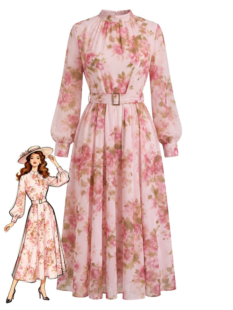 Pink 1950s Floral Belted Vintage Dress 2
