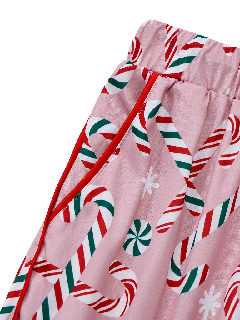 Pink 1940s Christmas Candy Cane Long Pajama Set - vintage fashion, retro style
