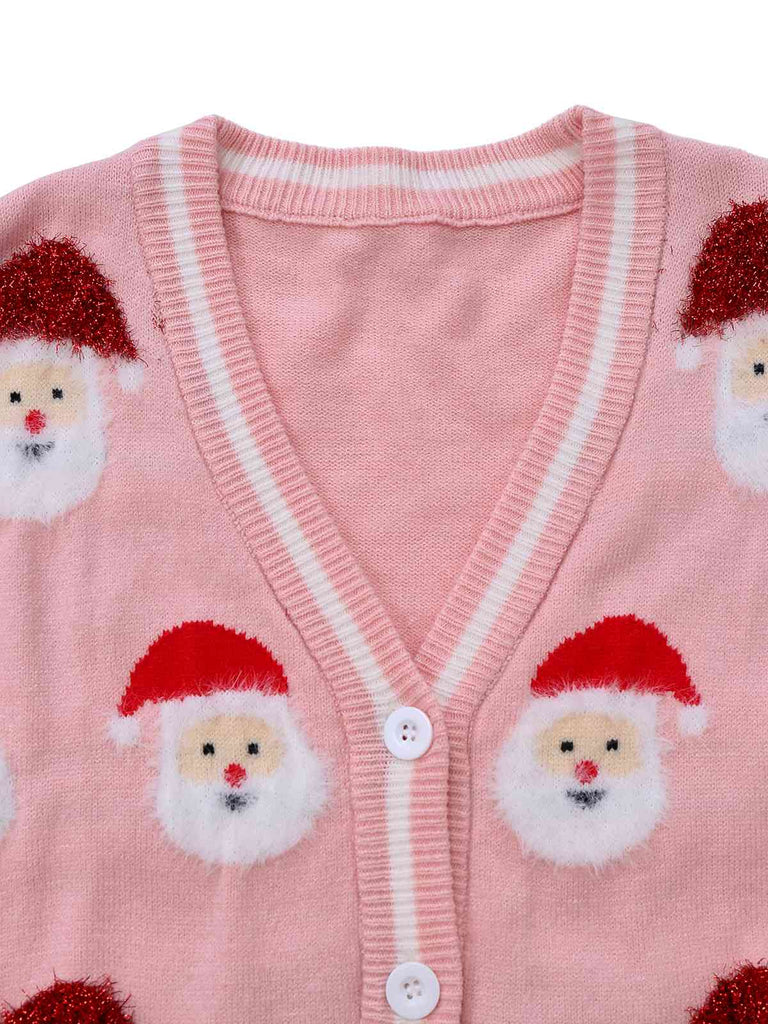 Pink 1940s Christmas Santa Claus Jacquard Cardigan - vintage fashion, retro style