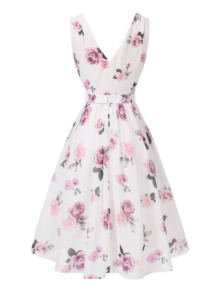 She slips into this Pink 1940s Deep V-Neck Chiffon Rose Dress and suddenly it's a 1940s daydream