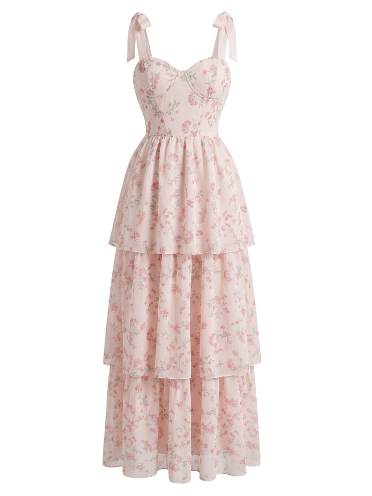 Pink-1940s-Floral-Fishbone-Layered-Tie-Strap-Mesh-Midi-Dress, vintage, retro, dress