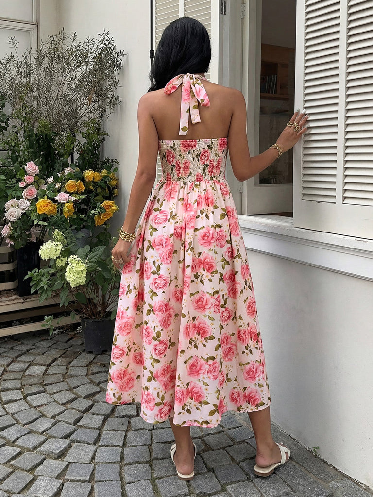 Pink 1940s Halter Print High Waist Dress 6