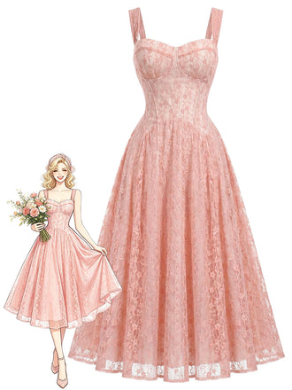 [Pre-Sale] Pink 1940s Lace Sweetheart Neck Spaghetti Strap Corset Dress, vintage dress, retro fashion, lace detail - perfect for women who love vintage and retro fashion