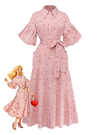 Pink 1940s Plaid Heart Lantern Sleeve Belted Dress - vintage dress, retro fashion
