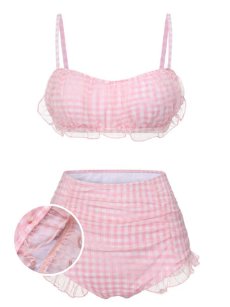 She's wearing Pink 1940s Spaghetti Strap Mesh Plaids Swimsuit and the whole beach remembers the 1940s
