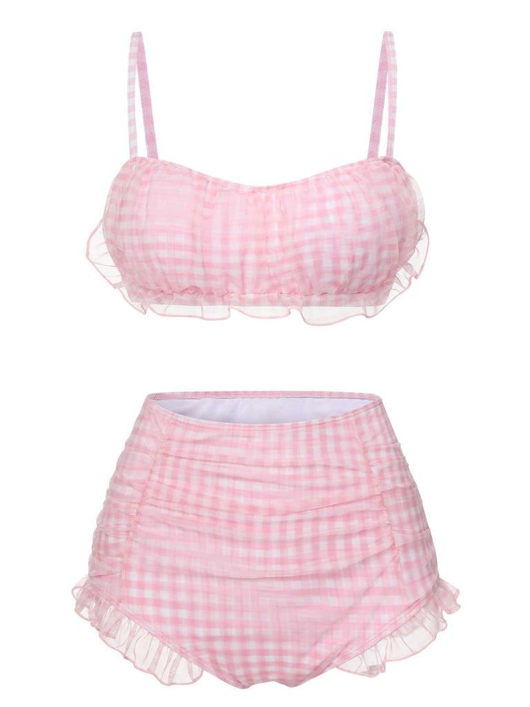 Pink 1940s Spaghetti Strap Mesh Plaids Swimsuit: 1940s Riviera elegance, reimagined for her