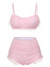 Pink 1940s Spaghetti Strap Mesh Plaids Swimsuit: 1940s Riviera elegance, reimagined for her