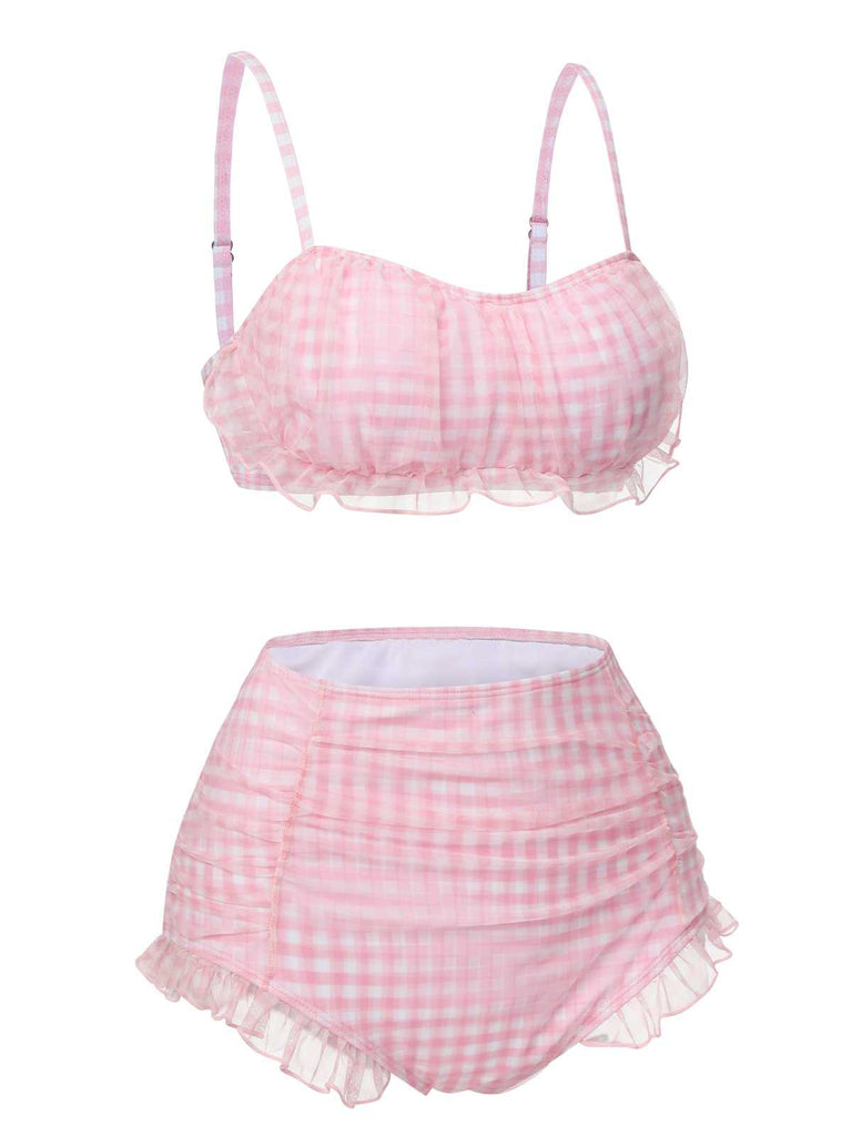 This Pink 1940s Spaghetti Strap Mesh Plaids Swimsuit carries 1940s vacation dreams in every stitch