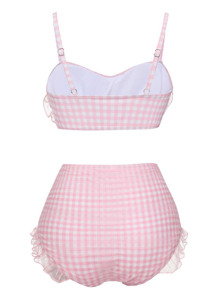 Pink 1940s Spaghetti Strap Mesh Plaids Swimsuit — because 1940s glamour never goes out of style