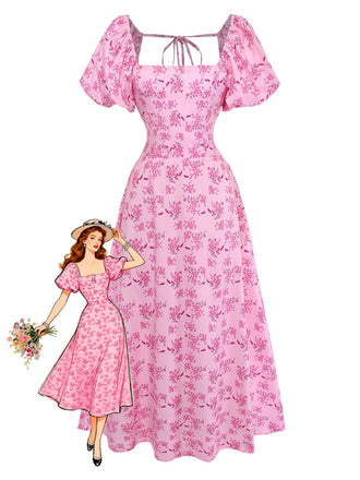 Pink 1940s Square Neck Puff Sleeve Floral Dress - vintage dress, retro fashion