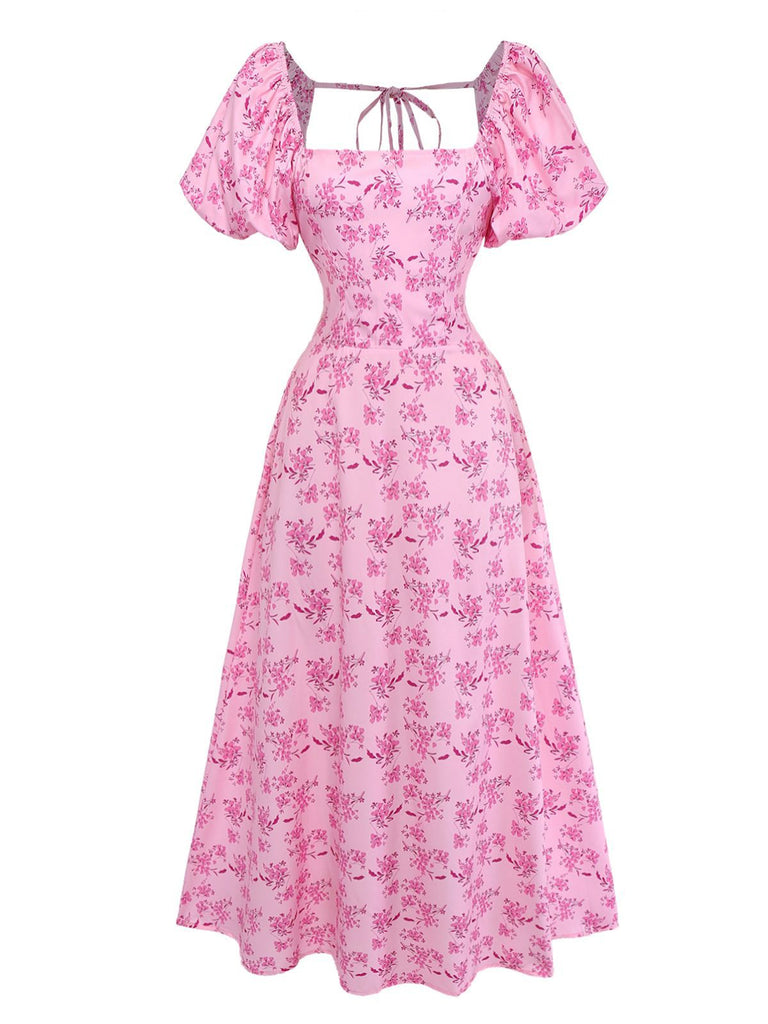 Pink 1940s Square Neck Puff Sleeve Floral Dress - vintage dress, retro fashion