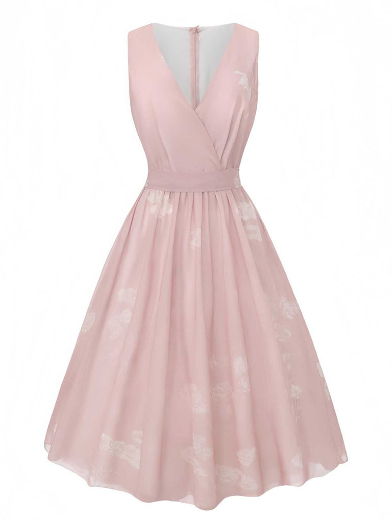 Pink 1940s V-Neck Floral Belted Sleeveless Dress: beautiful vintage dress, retro fashion, elegant style with timeless appeal