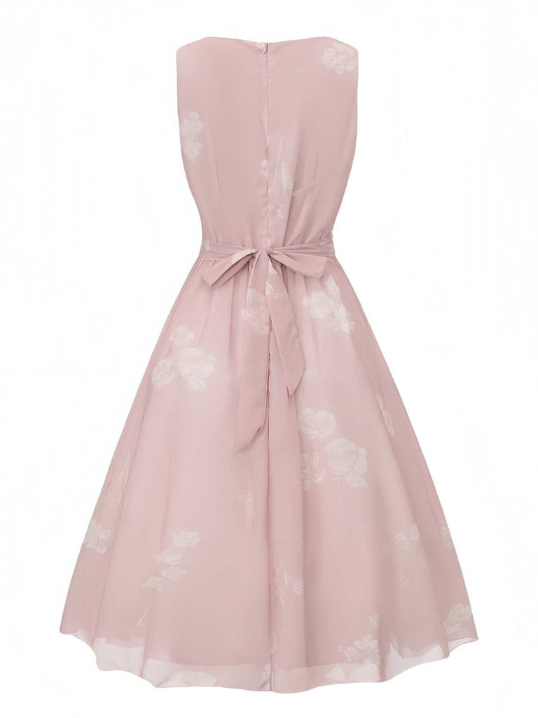 Pink 1940s V-Neck Floral Belted Sleeveless Dress | vintage dress, retro fashion, elegant style - perfect for retro fashion enthusiasts