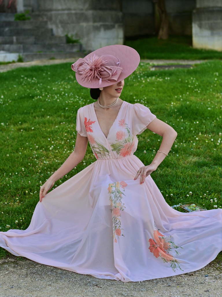 Pink 1940s V-Neck Ruffle Sleeve Floral Print Dress, vintage dress, retro fashion, floral print - perfect for women who love vintage and retro fashion