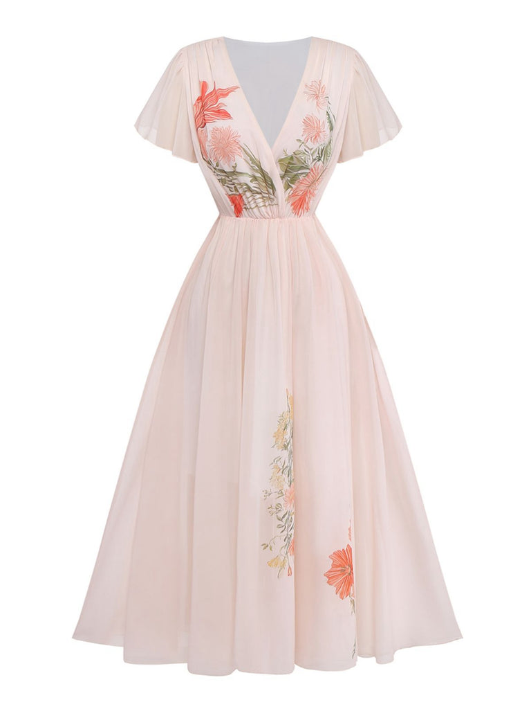 Pink 1940s V-Neck Ruffle Sleeve Floral Print Dress - vintage dress, retro fashion