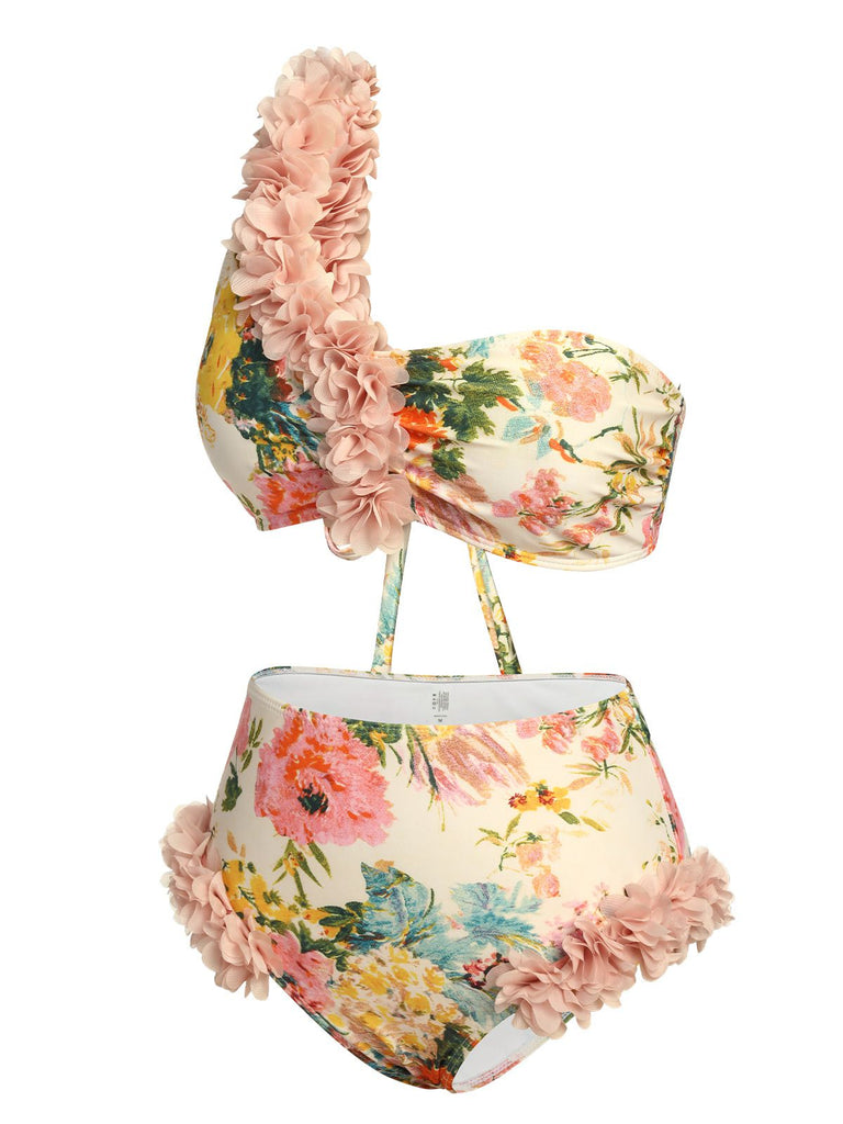 Pink 1950s 3D Lace Floral One-Shoulder Swimsuit, vintage swimsuit, pin-up swimwear - perfect for women who love vintage and retro fashion