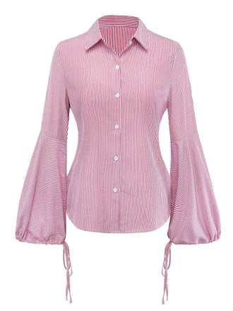 Pink 1950s Bell Sleeve Lace-Up Stripe Blouse - vintage fashion, retro style