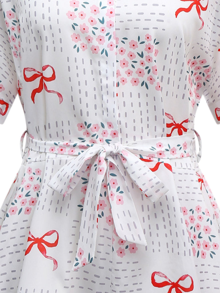 Pink 1950s Bow & Floral Belted Lapel Romper - vintage jumpsuit, retro fashion