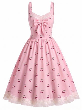 Pink 1950s Cherry Lace Bow Swing Dress