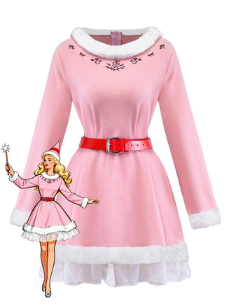 Pink 1950s Christmas Elf Plush-Edged Dress Set - vintage dress, retro fashion, rockabilly