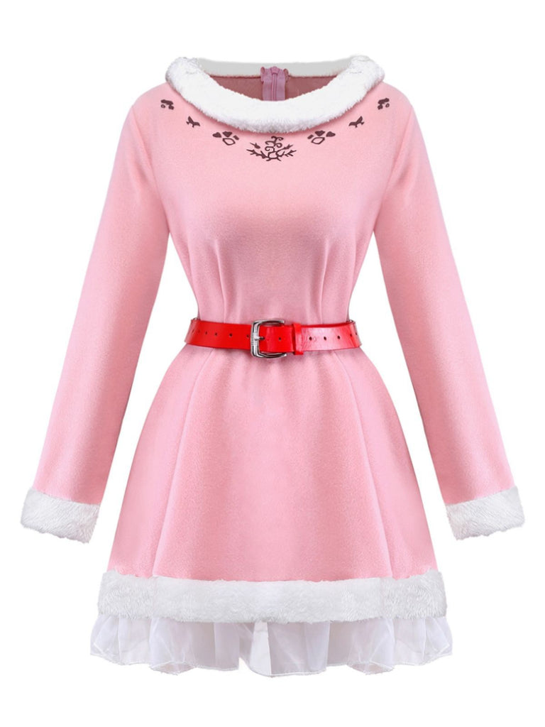 Pink 1950s Christmas Elf Plush-Edged Dress Set - vintage dress, retro fashion, rockabilly