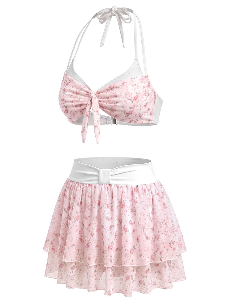 [Pre-Sale] Pink 1950s Halter Ruffle Chiffon Swimsuit