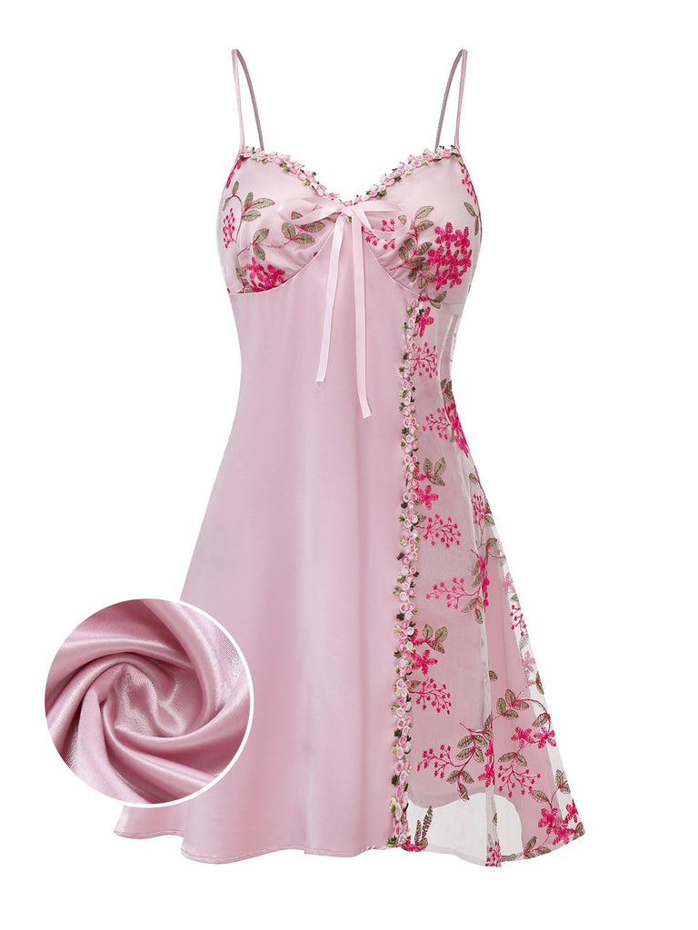 Pink 1950s Embroidered Floral Mesh Satin Nightgown - vintage nightgown, retro sleepwear, elegant red