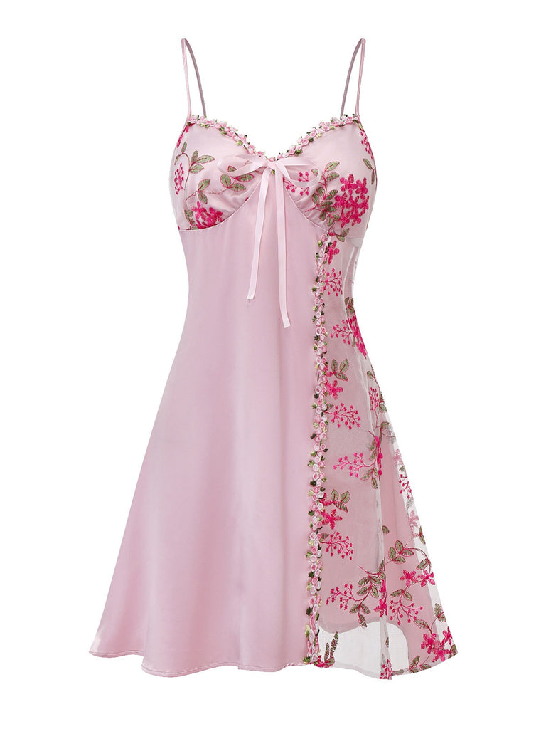 Pink 1950s Embroidered Floral Mesh Satin Nightgown - vintage nightgown, retro sleepwear, elegant red