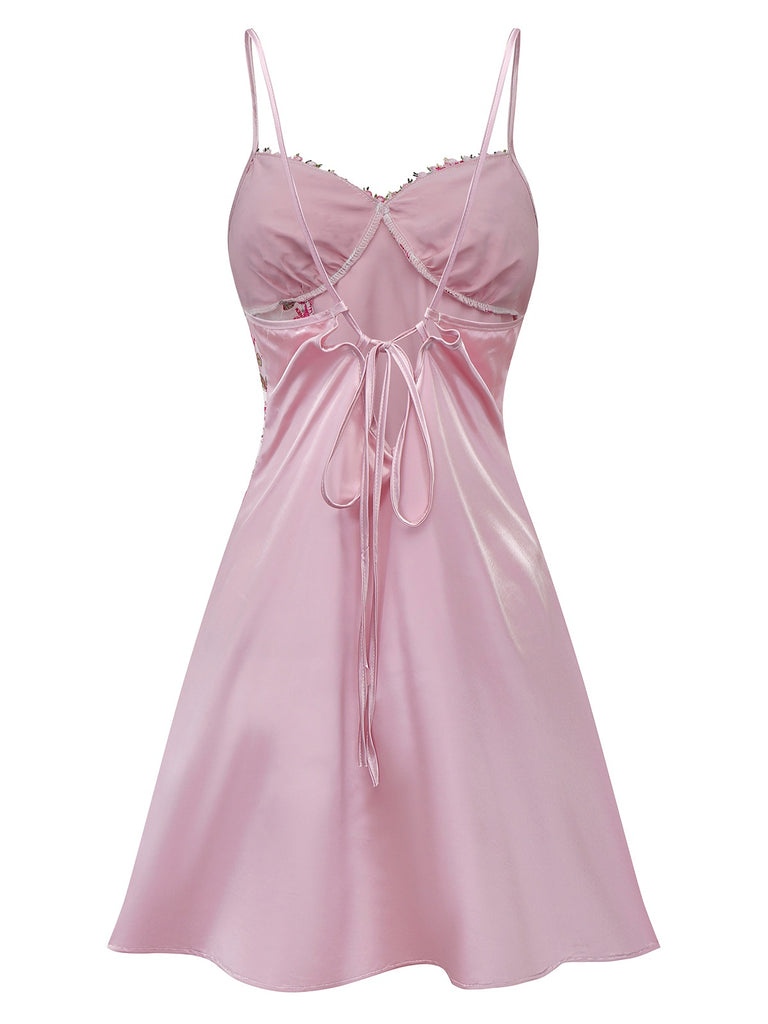 Pink 1950s Embroidered Floral Mesh Satin Nightgown - vintage nightgown, retro sleepwear, elegant red