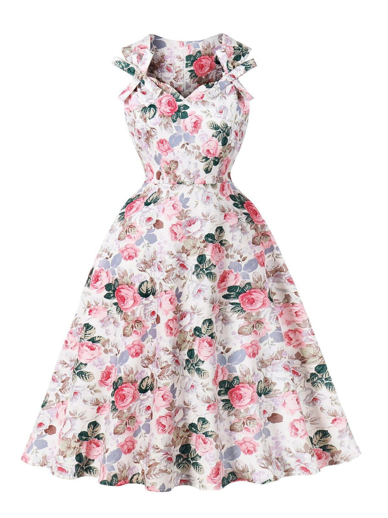 Pink 1950s Floral Bow Sweetheart Neck Swing Dress - vintage dress, retro fashion, rockabilly