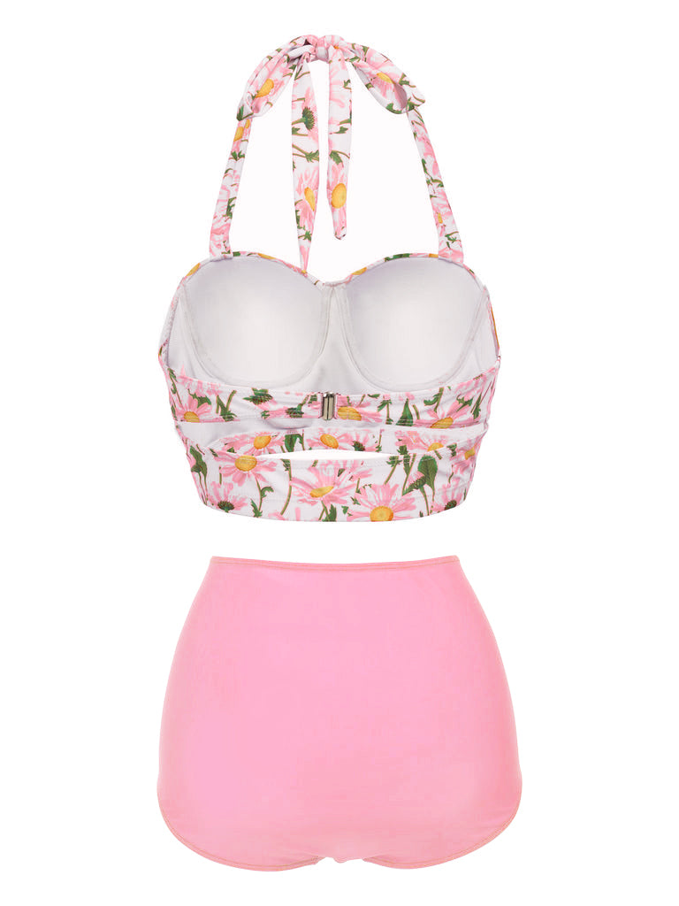 Back view: Pink 1950s Floral Halter Lace-up Bikini Set, vintage swimwear