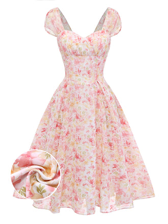 [Pre-Sale] Pink 1950s Floral Chiffon Bow Dress