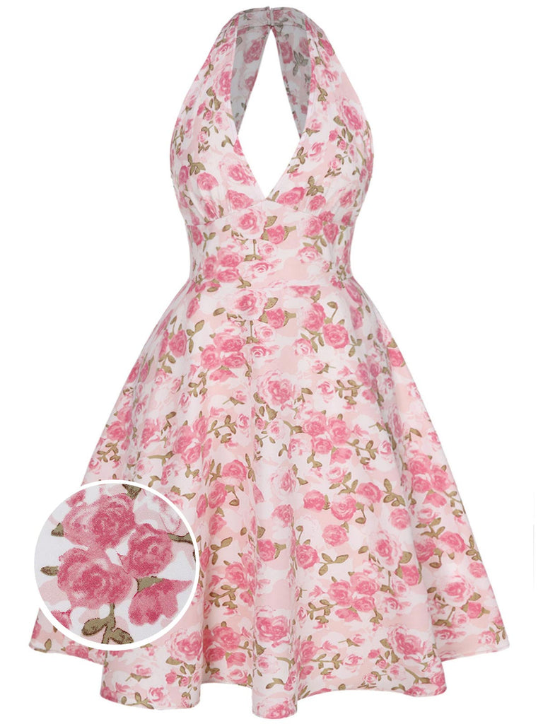 She slips into this Pink 1950s Floral V-Neck Dress and suddenly it's a 1950s daydream