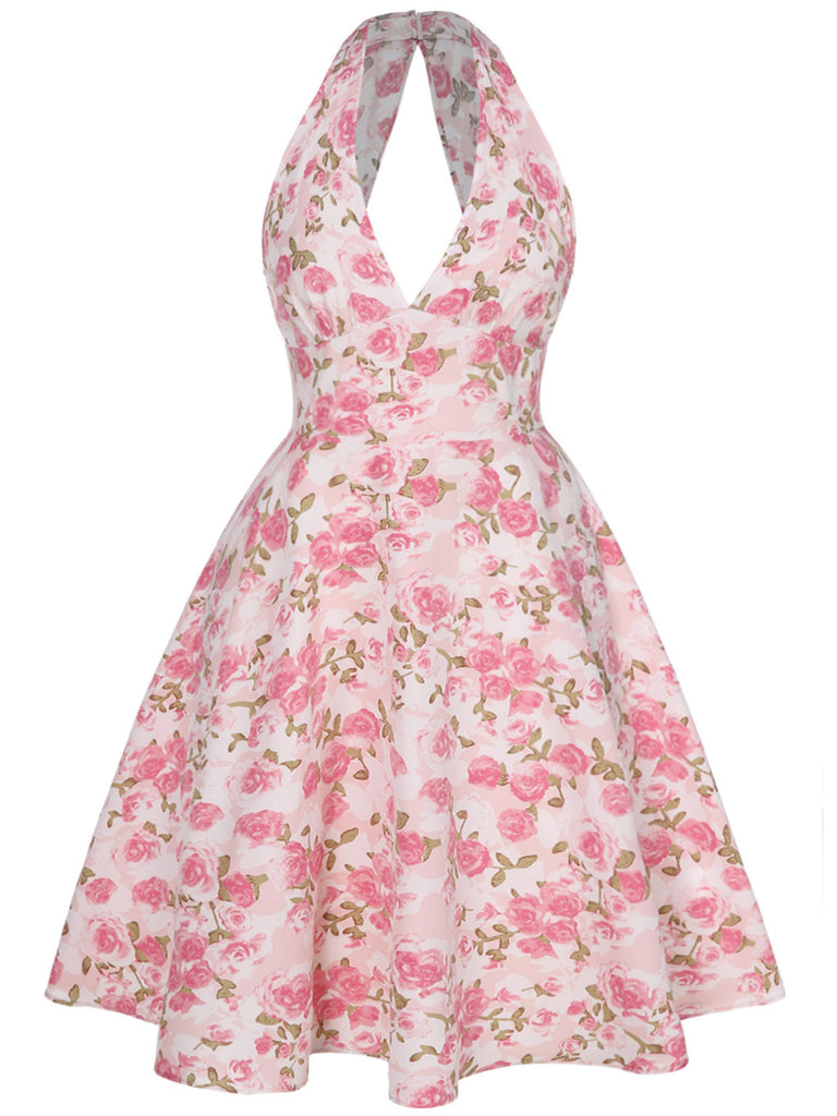 Pink 1950s Floral V-Neck Dress: where 1950s romance meets her modern spirit