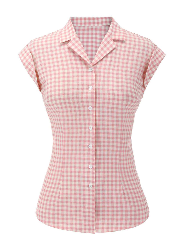 Pink 1950s Gingham Plaid Lapel Shirt — vintage elegance for the modern woman