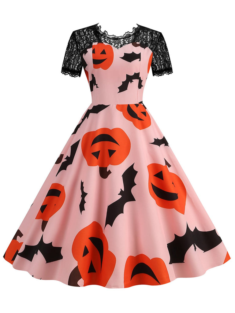 Pink 1950s Halloween Pumpkin Bats Lace Dress, vintage dress, retro fashion, rockabilly, pin-up fashion - perfect for women who love vintage and retro fashion