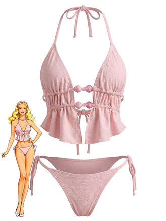 Pink 1950s Halter Beaded Jacquard Solid Bikini Set - vintage swimwear, retro swimsuit, pin-up style for vintage lovers