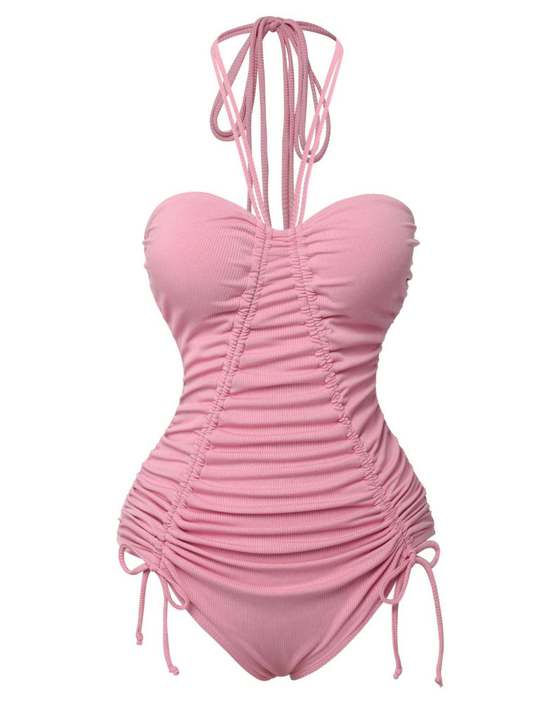 Pink 1950s Halter Pleated Solid One-Piece Swimsuit: 1950s Riviera elegance, reimagined for her