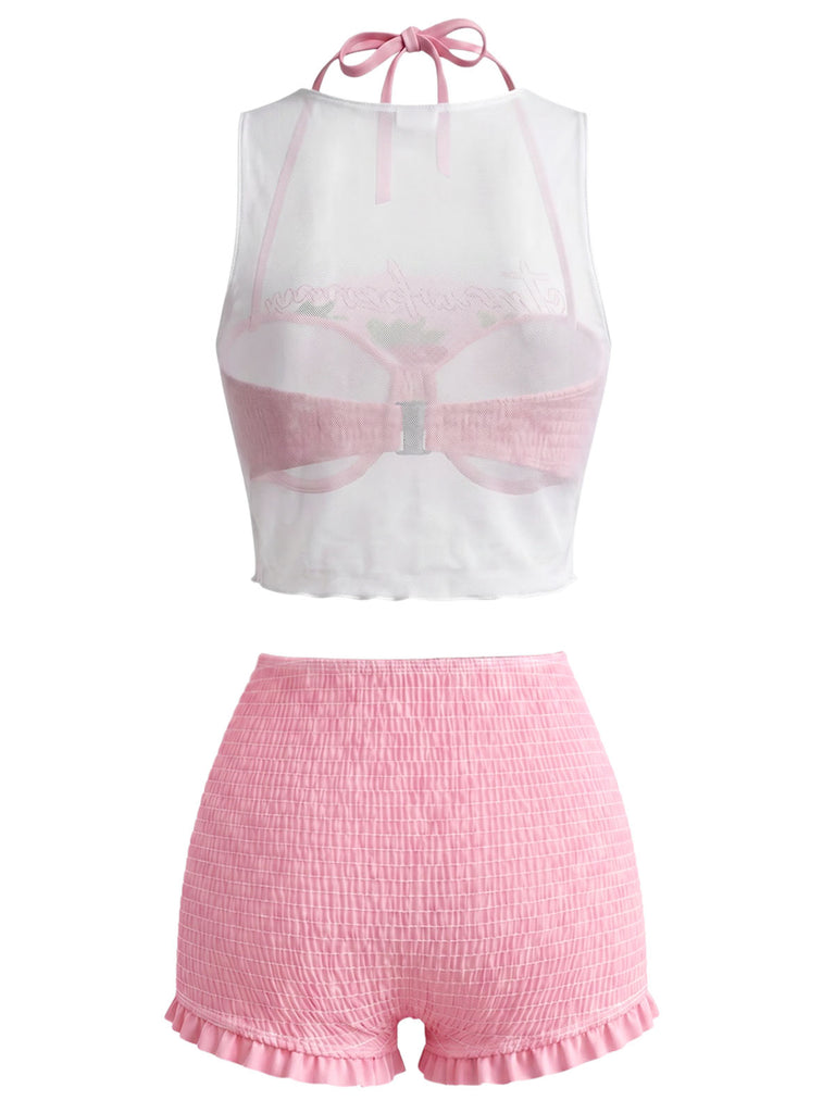[Pre-Sale] Pink 1950s Halter Smocked Bikini Set & Strawberry Cover Top - vintage top, retro blouse for vintage lovers