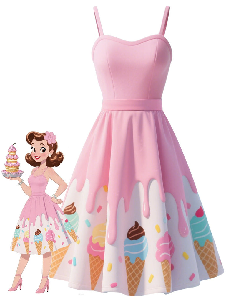 Pink 1950s Ice-Cream Sweetheart Neck Dress - vintage dress, retro fashion, rockabilly