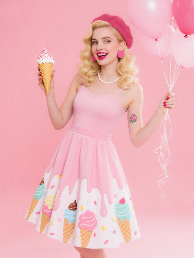 Pink 1950s Ice-Cream Sweetheart Neck Dress - vintage dress, retro fashion, rockabilly
