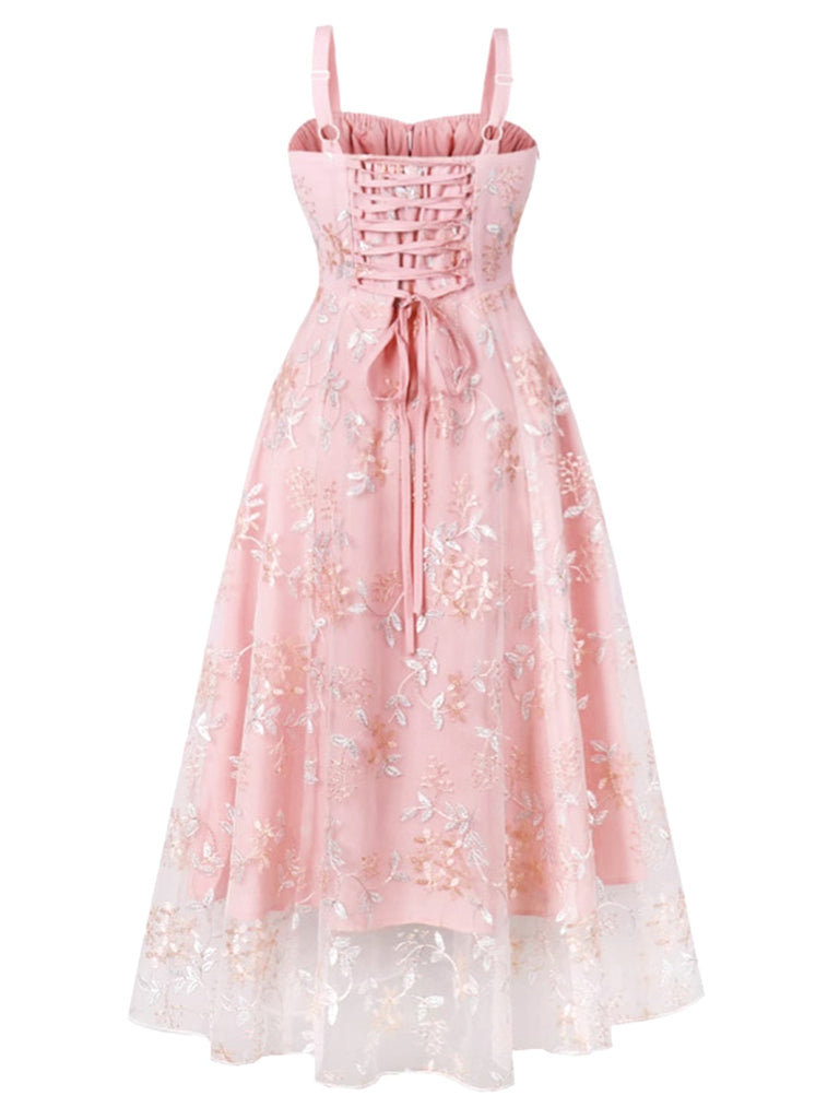 Pink 1950s Lace-Up Straps Floral Mesh Dress: where 1950s romance meets her modern spirit