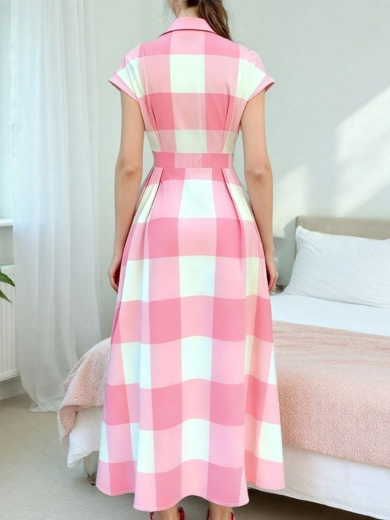 Pink-1950s-Lapel-Gingham-Cap-Sleeve-Shirt-Dress, vintage, retro, dress