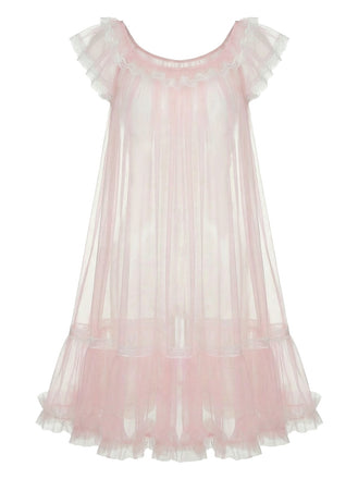 Pink dress with ruffled sleeves and bottom on a white background