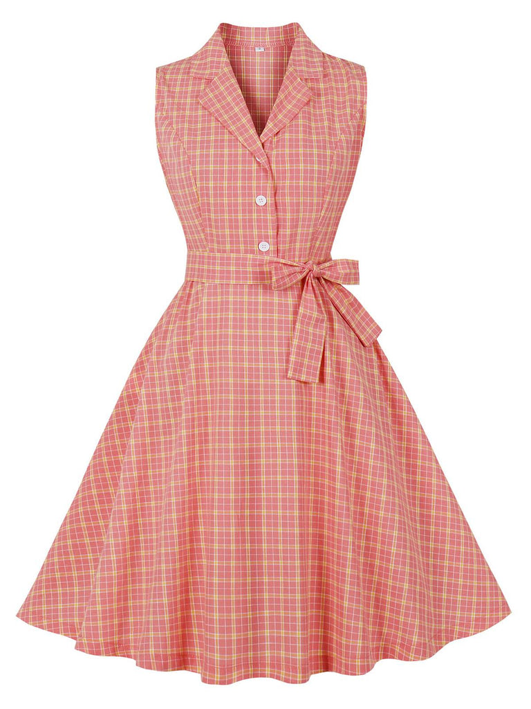 Pink 1950s Plaid Buttoned Lapel Belted Dress: where 1950s romance meets her modern spirit