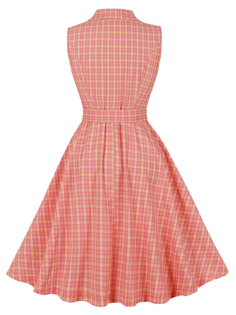 This Pink 1950s Plaid Buttoned Lapel Belted Dress wraps her in 1950s elegance, one twirl at a time