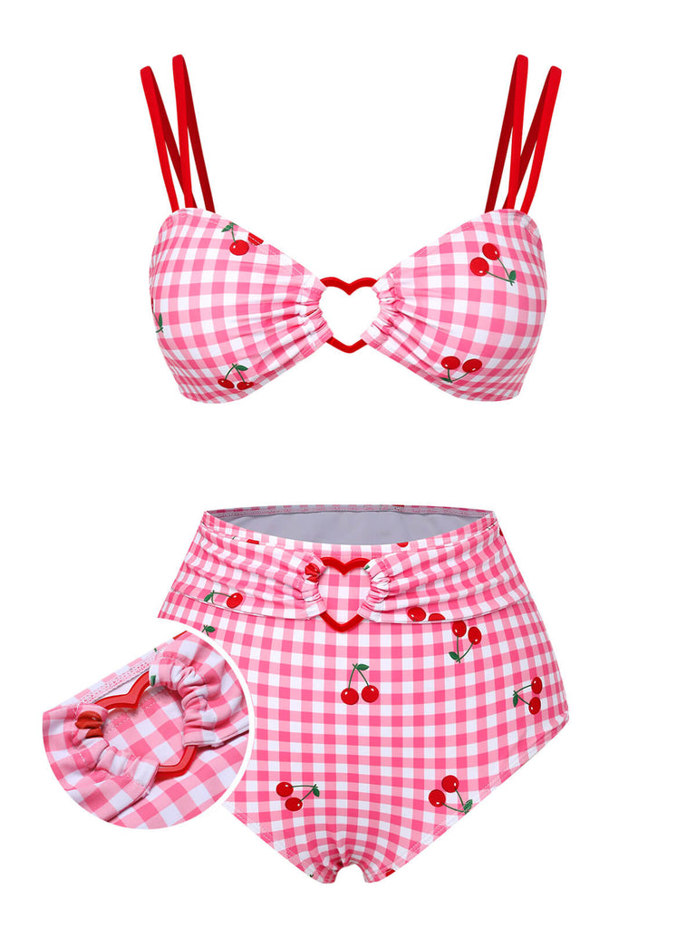 Pink 1950s Plaid & Cherry Strap Swimsuit, vintage swimsuit, pin-up swimwear - perfect for women who love vintage and retro fashion