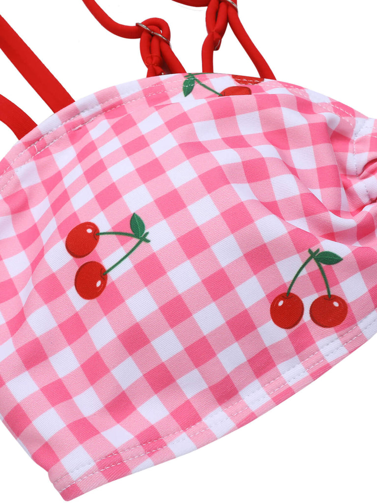 Pink 1950s Plaid & Cherry Strap Swimsuit, vintage swimsuit, pin-up swimwear - perfect for women who love vintage and retro fashion