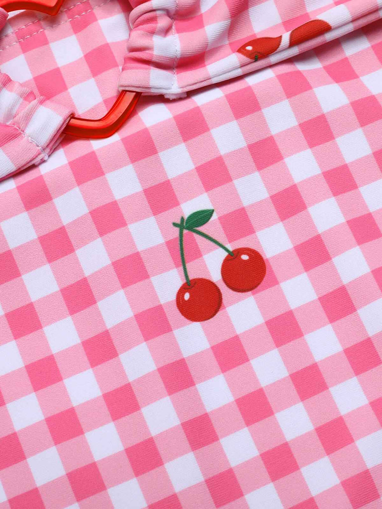 Pink 1950s Plaid & Cherry Strap Swimsuit, vintage swimsuit, pin-up swimwear - perfect for women who love vintage and retro fashion
